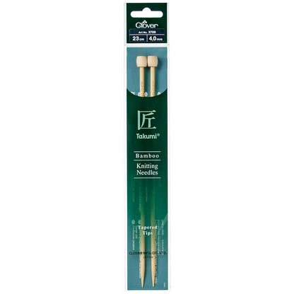 Pair of Clover Takumi bamboo knitting needles, 23cm x 4mm, in green packaging