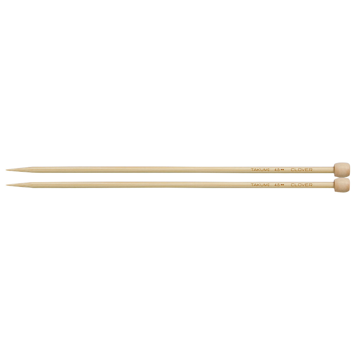 Pair of Clover Takumi bamboo knitting needles, 23cm x 4.5mm, in green packaging