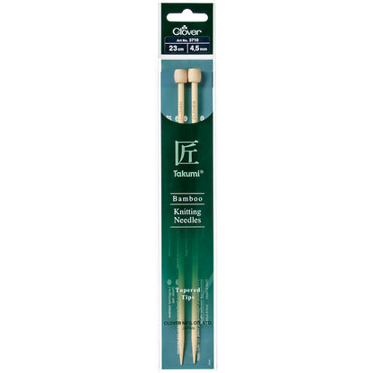 Pair of Clover Takumi bamboo knitting needles, 23cm x 4.5mm, in green packaging