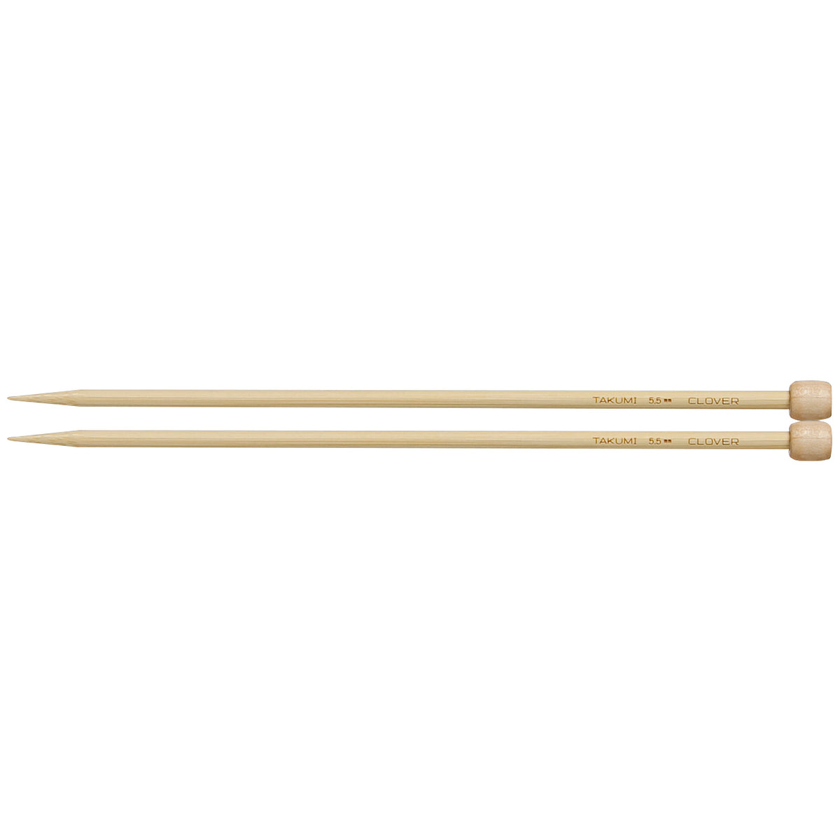 Pair of Clover Takumi bamboo knitting needles, 23cm x 5.5mm, in green packaging