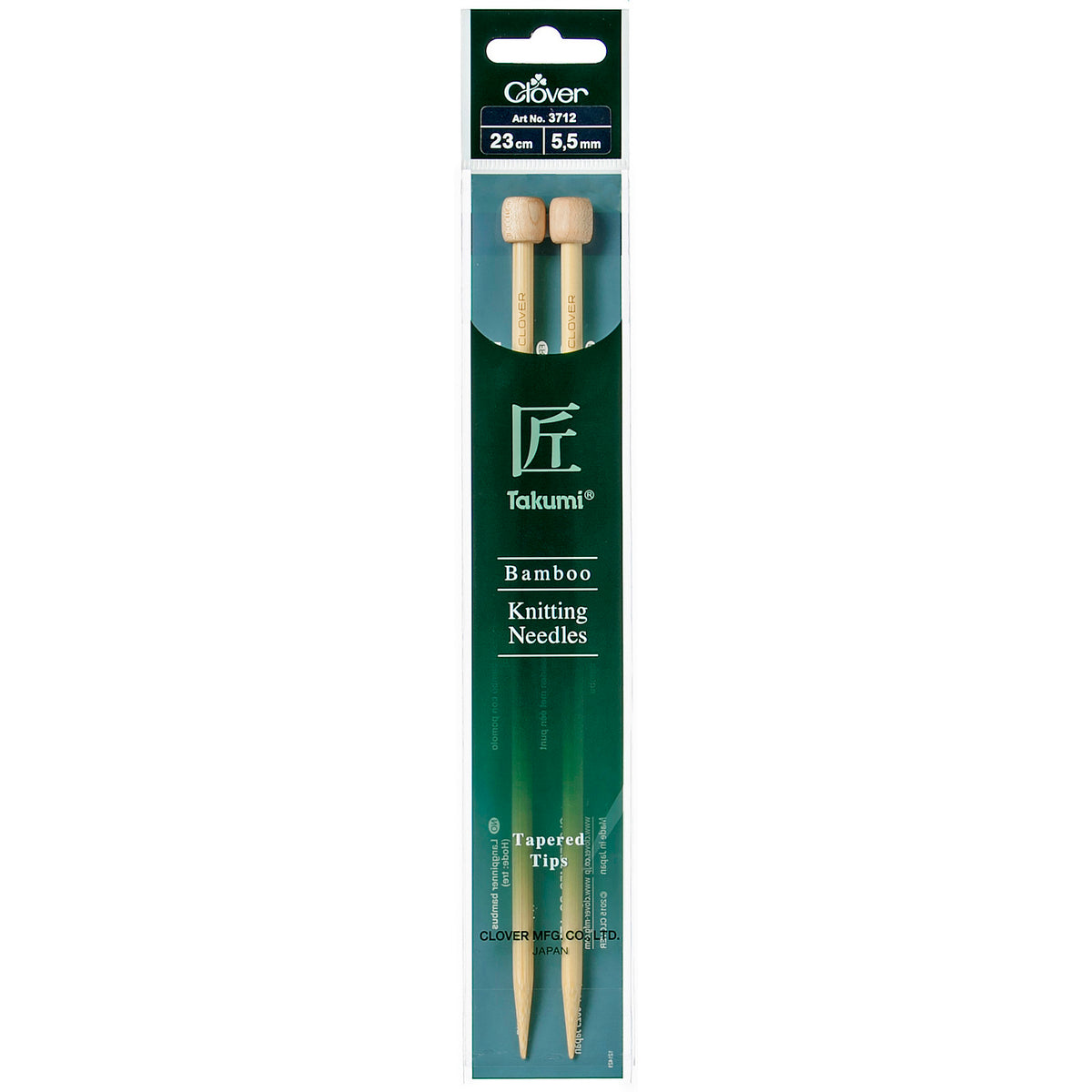 Pair of Clover Takumi bamboo knitting needles, 23cm x 5.5mm, in green packaging