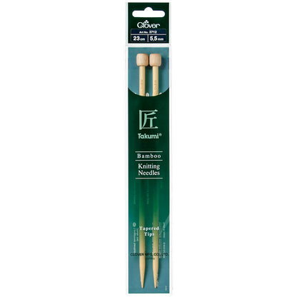 Pair of Clover Takumi bamboo knitting needles, 23cm x 5.5mm, in green packaging