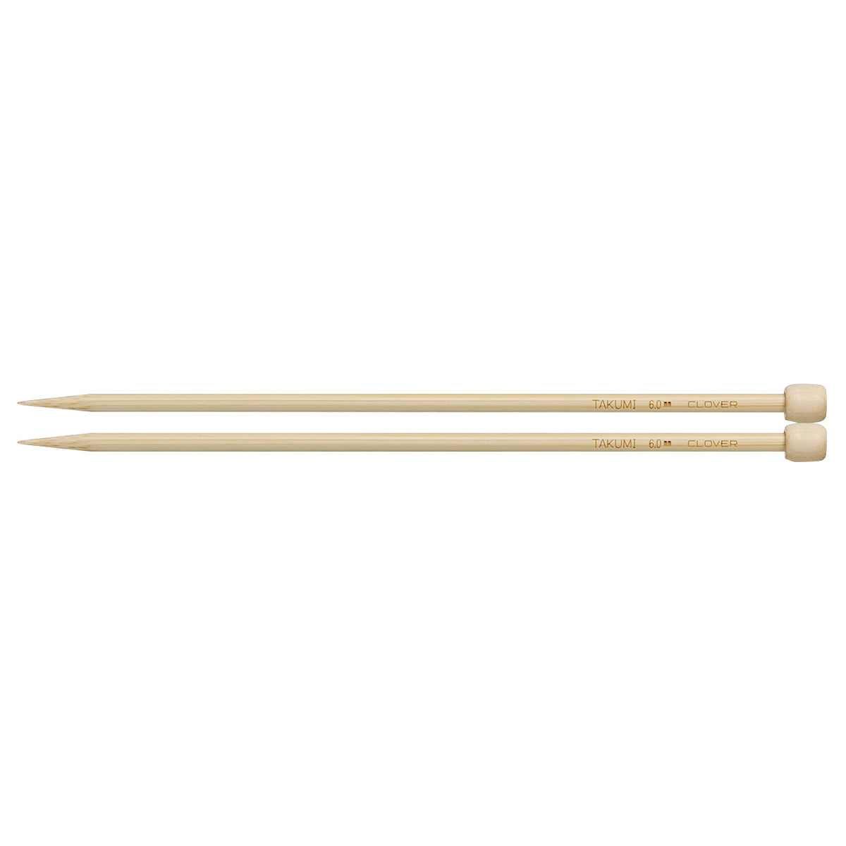 Pair of Clover Takumi bamboo knitting needles, 23cm x 6mm, in green packaging