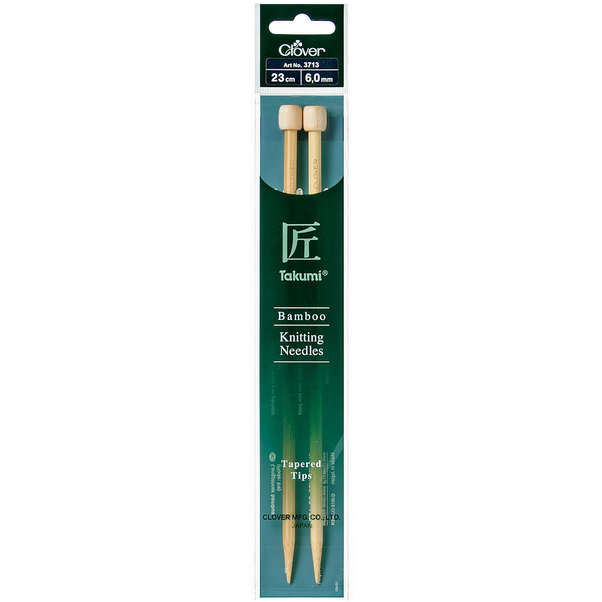 Pair of Clover Takumi bamboo knitting needles, 23cm x 6mm, in green packaging