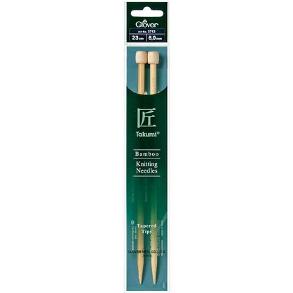 Pair of Clover Takumi bamboo knitting needles, 23cm x 6mm, in green packaging