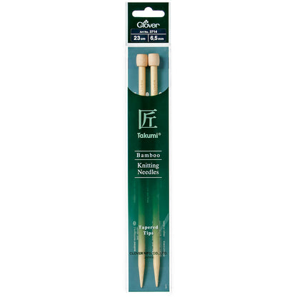 Pair of Clover Takumi bamboo knitting needles, 23cm x 6.5mm, in green packaging
