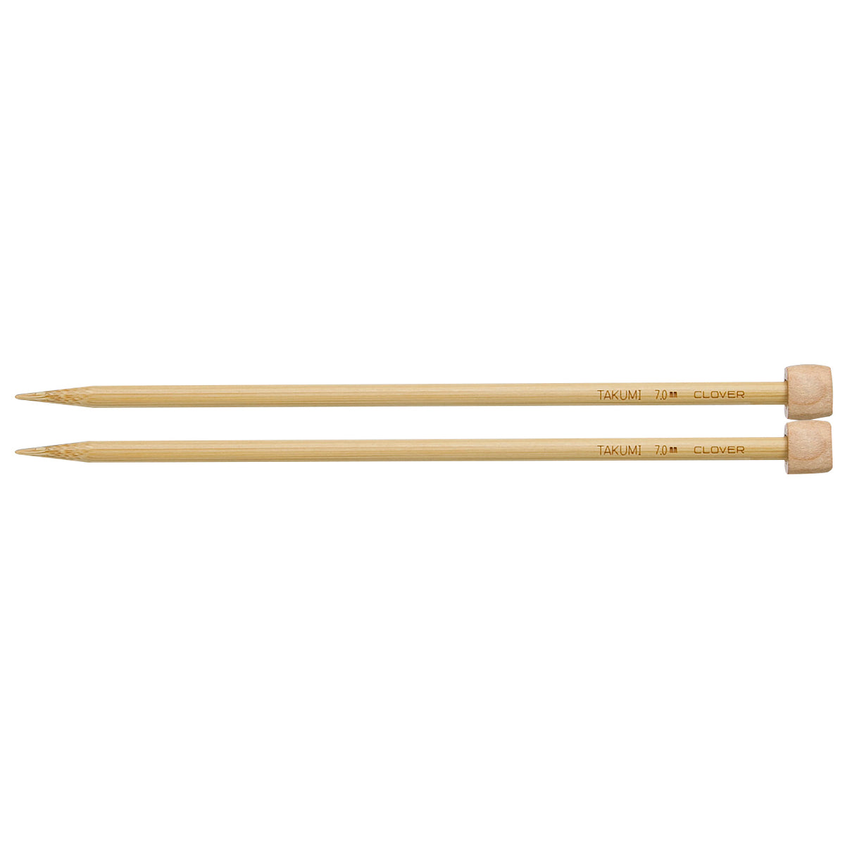 Pair of Clover Takumi bamboo knitting needles, 23cm x 7mm, in green packaging