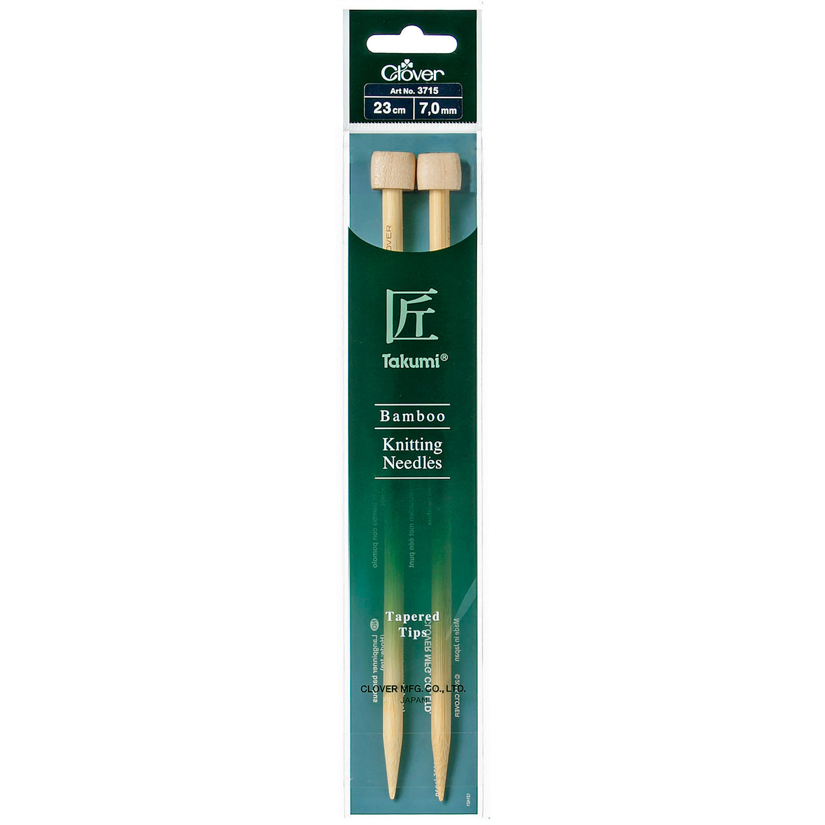 Pair of Clover Takumi bamboo knitting needles, 23cm x 7mm, in green packaging