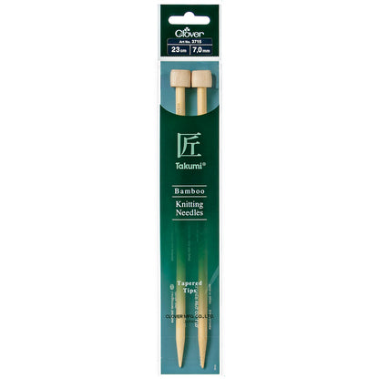 Pair of Clover Takumi bamboo knitting needles, 23cm x 7mm, in green packaging