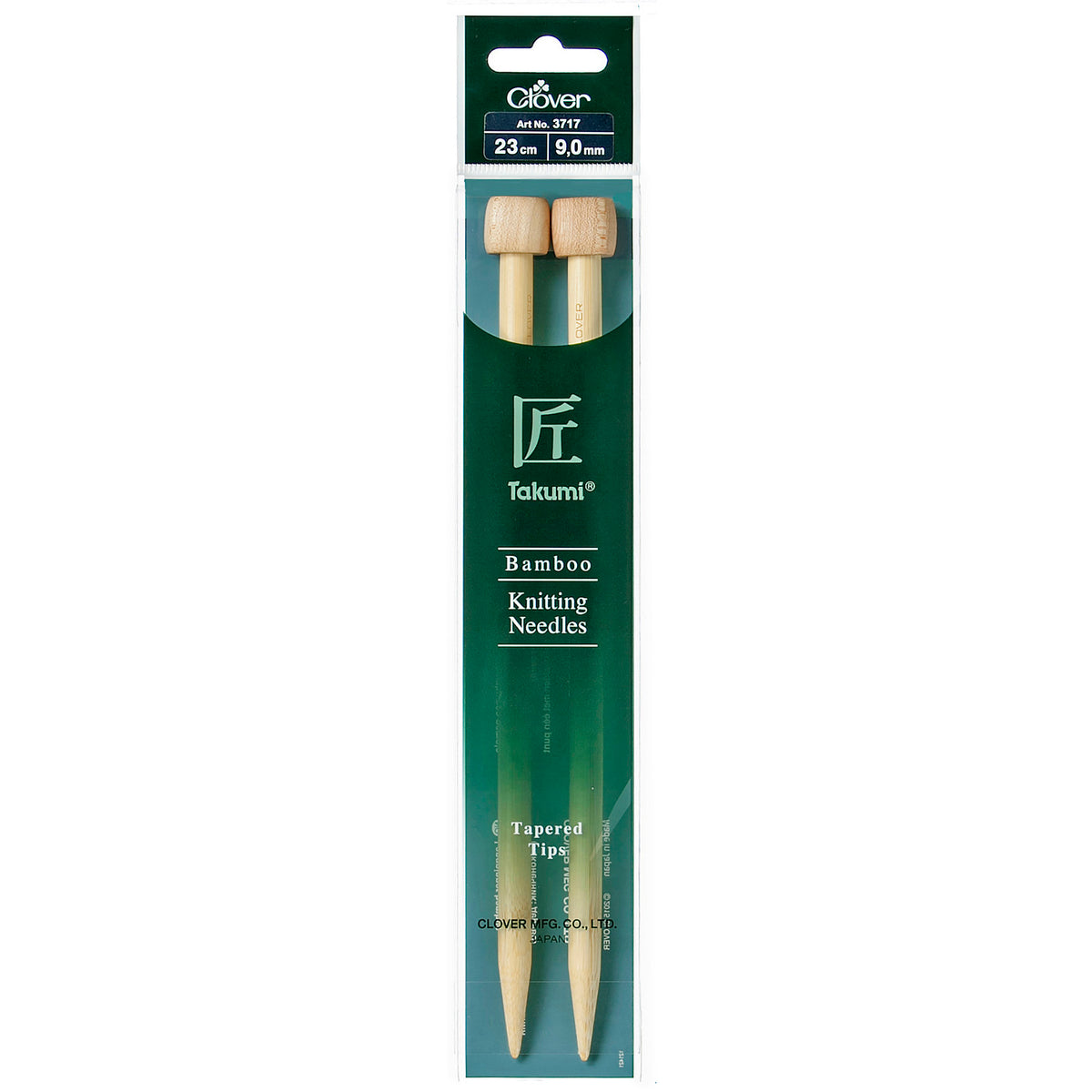 Pair of Clover Takumi bamboo knitting needles, 23cm x 9mm, in green packaging