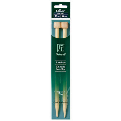 Pair of Clover Takumi bamboo knitting needles, 23cm x 9mm, in green packaging