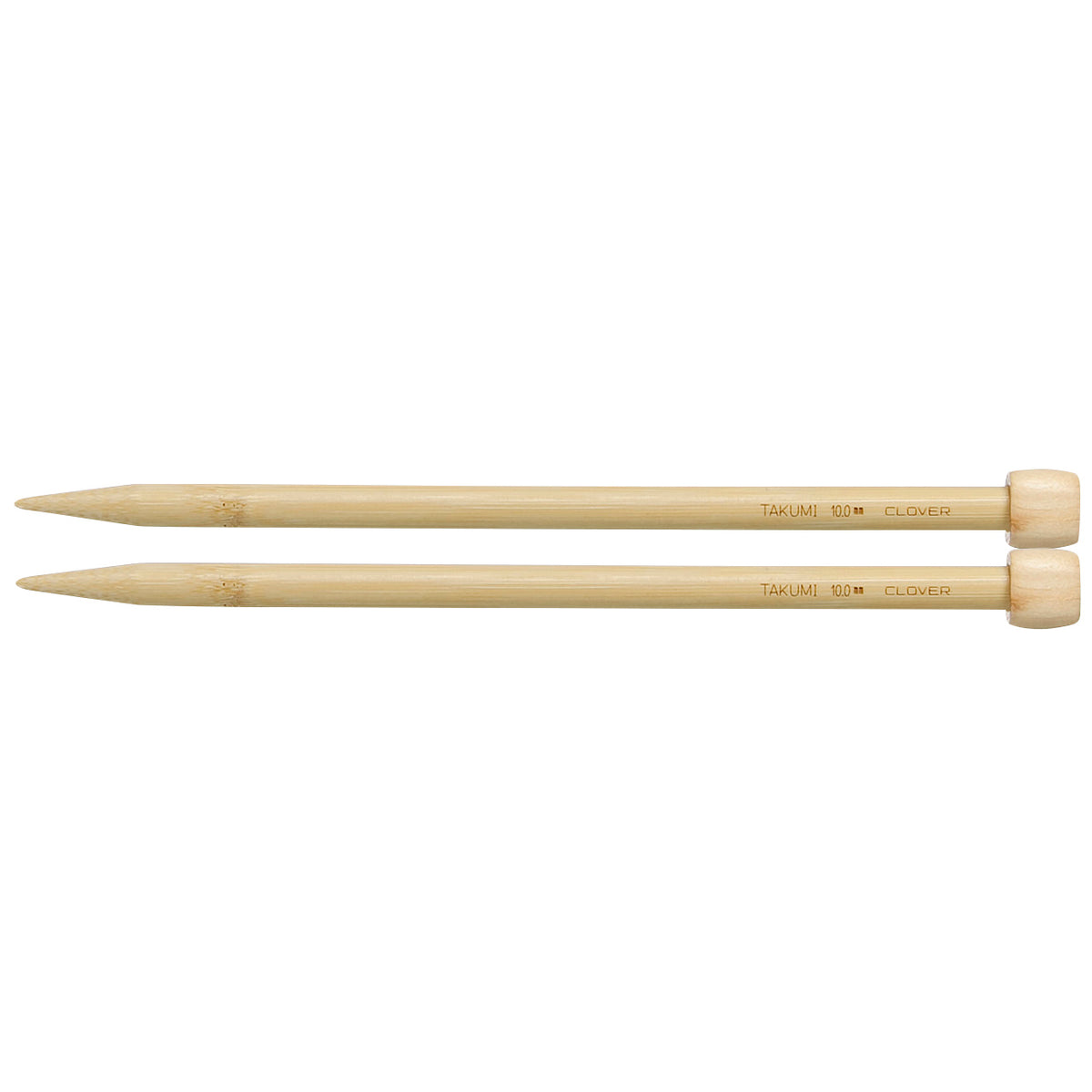 Pair of Clover Takumi bamboo knitting needles, 23cm x 10mm, in green packaging