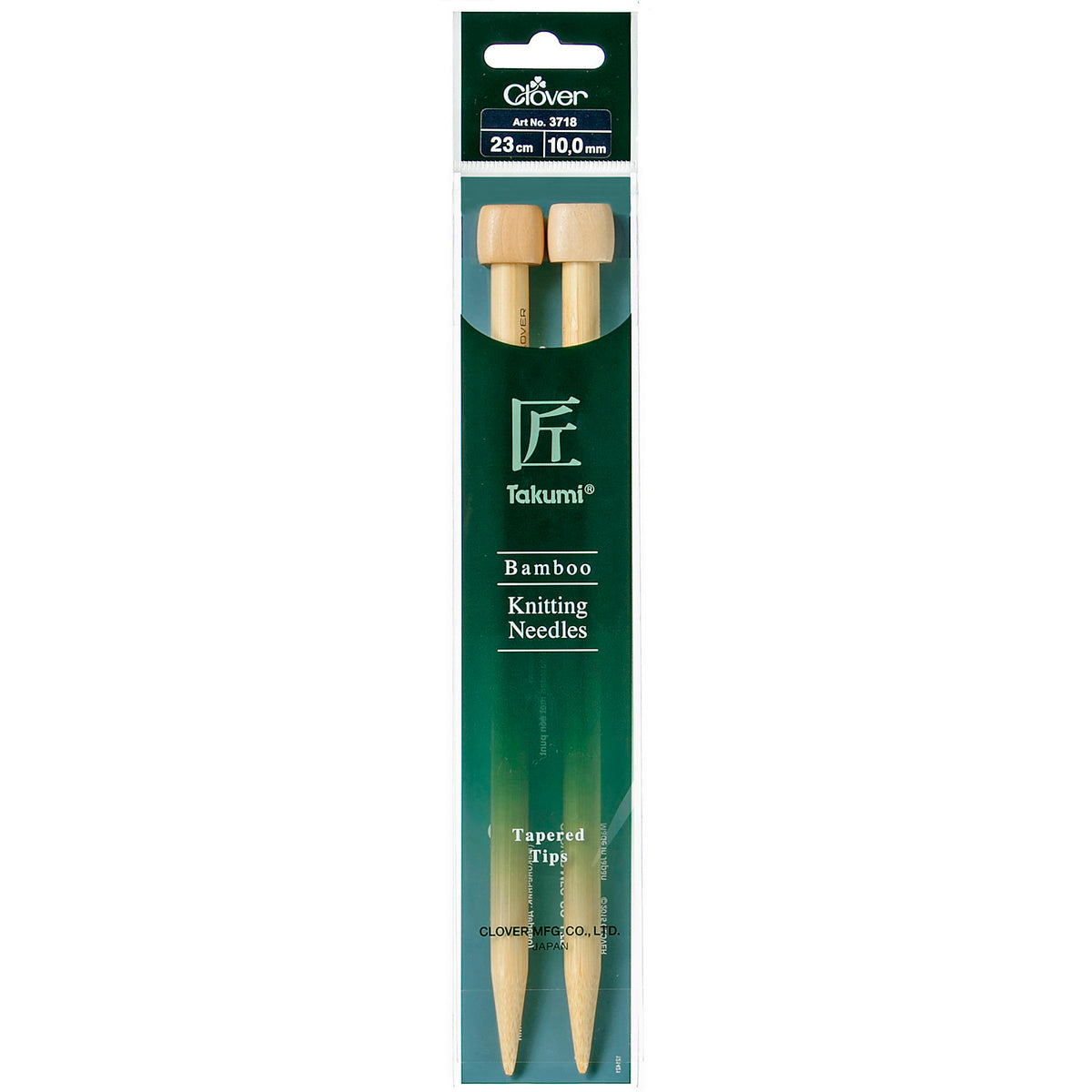 Pair of Clover Takumi bamboo knitting needles, 23cm x 10mm, in green packaging