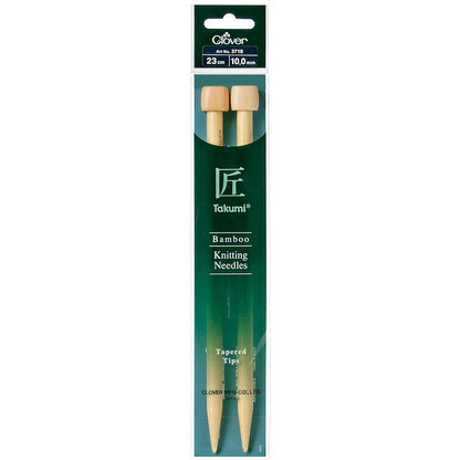 Pair of Clover Takumi bamboo knitting needles, 23cm x 10mm, in green packaging