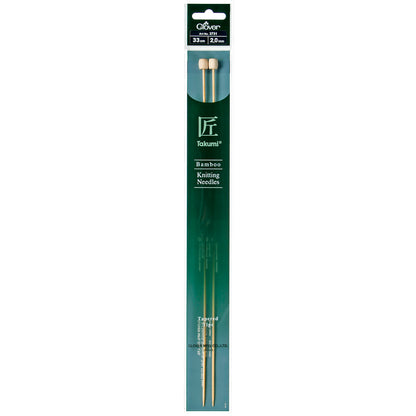 Pair of Clover Takumi bamboo knitting needles, 33cm x 2mm, in green packaging