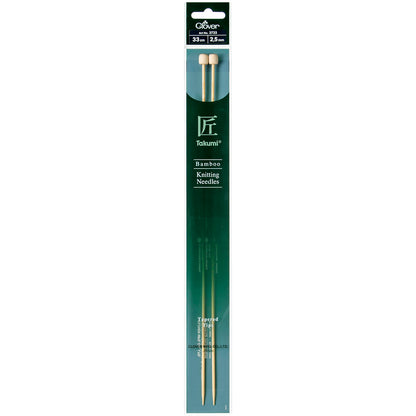 Pair of Clover Takumi bamboo knitting needles, 33cm x 2.5mm, in green packaging