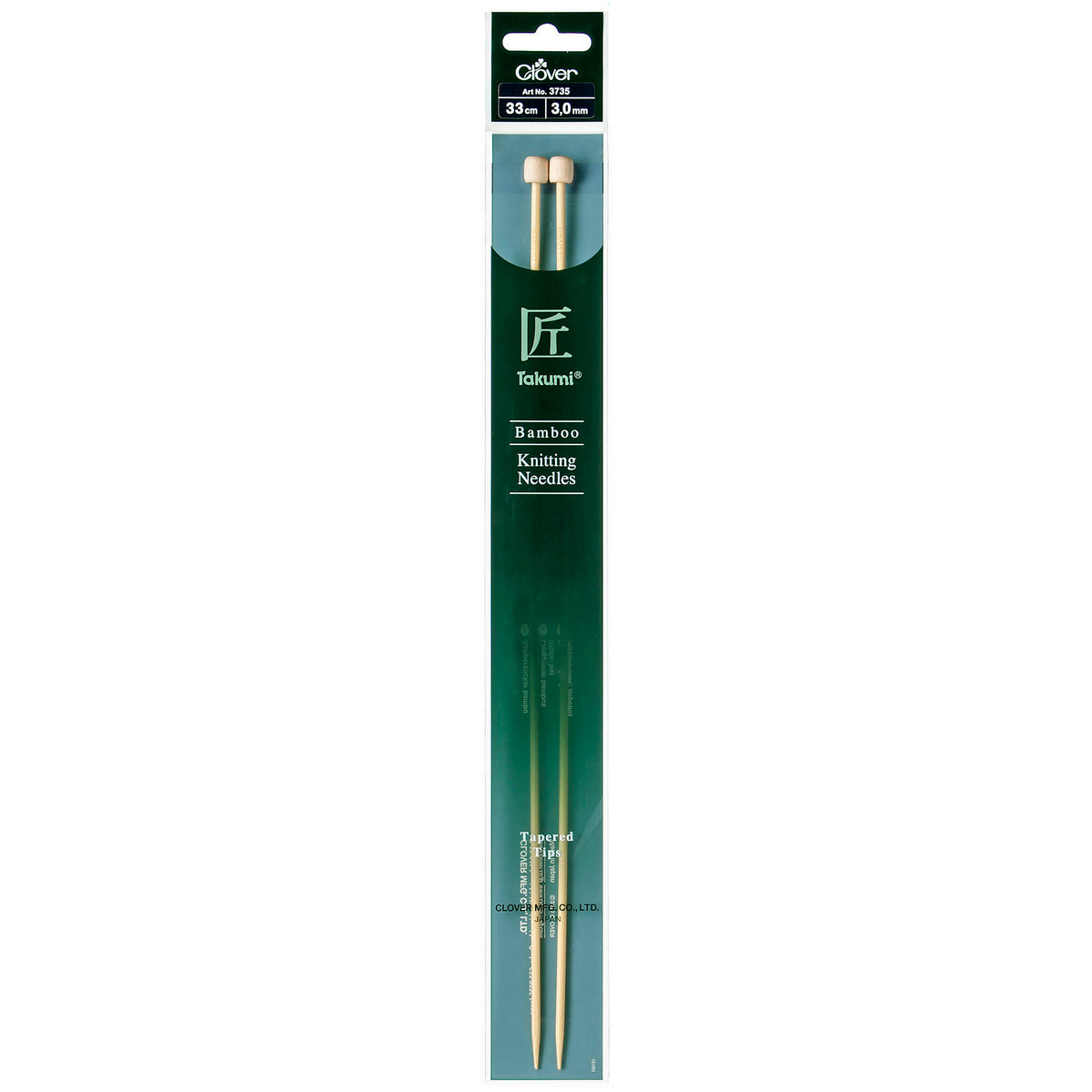 Pair of Clover Takumi bamboo knitting needles, 33cm x 3mm, in green packaging