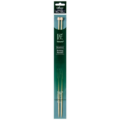 Pair of Clover Takumi bamboo knitting needles, 33cm x 3mm, in green packaging