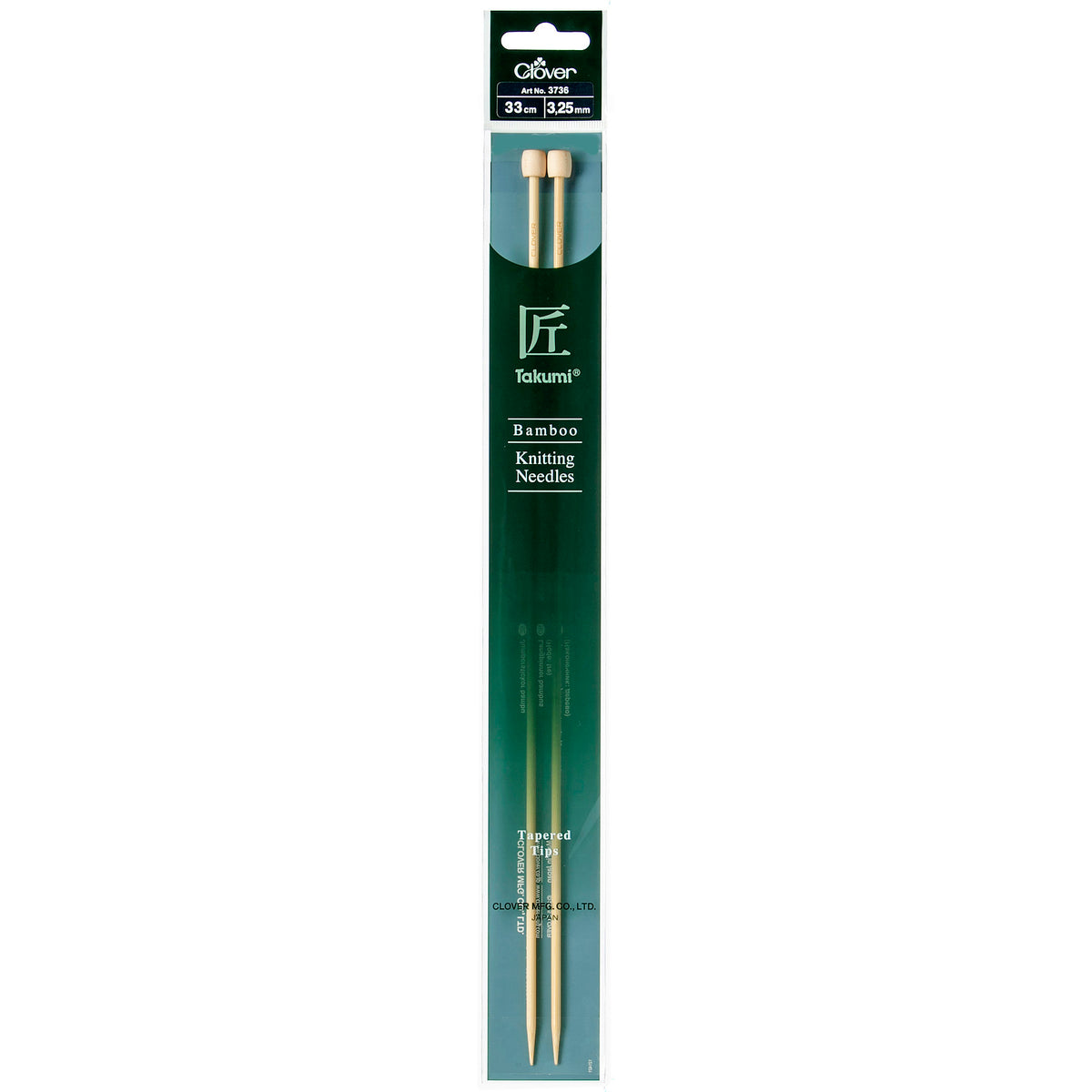 Pair of Clover Takumi bamboo knitting needles, 33cm x 3.25mm, in green packaging