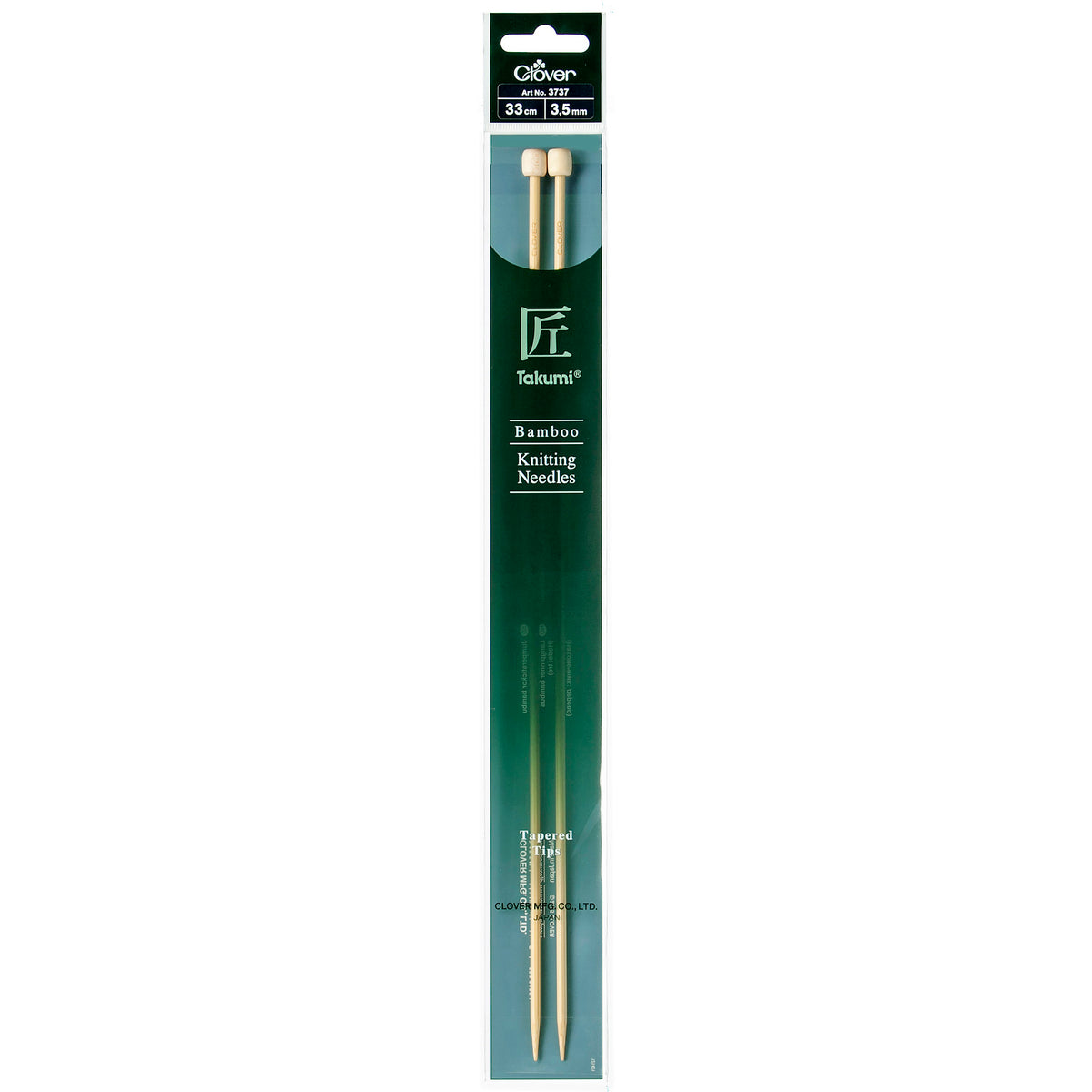 Pair of Clover Takumi bamboo knitting needles, 33cm x 3.5mm, in green packaging
