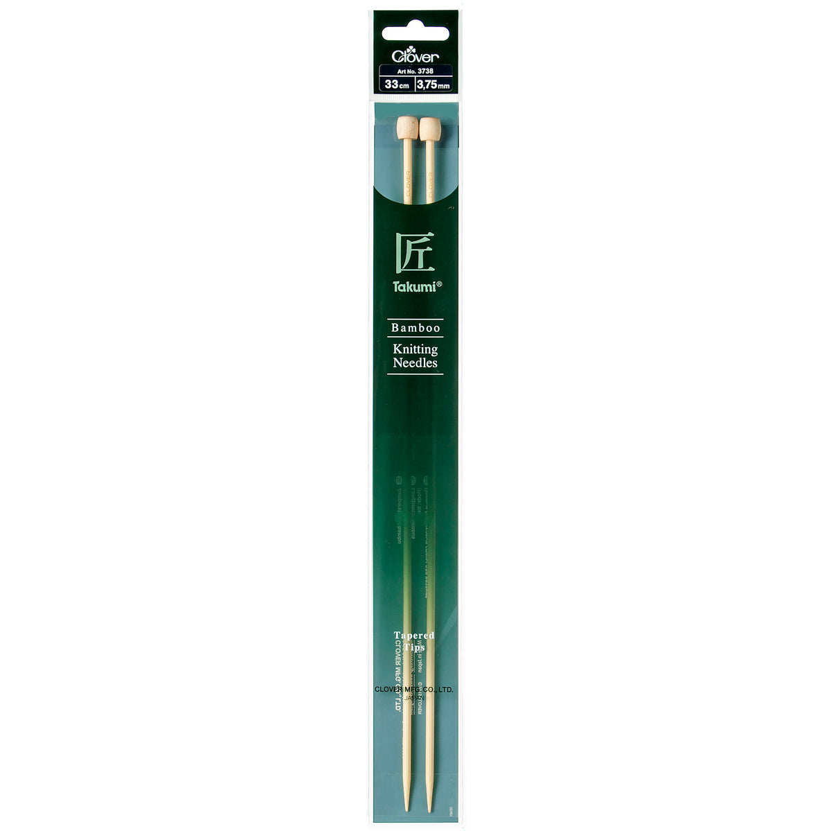 Pair of Clover Takumi bamboo knitting needles, 33cm x 3.75mm, in green packaging