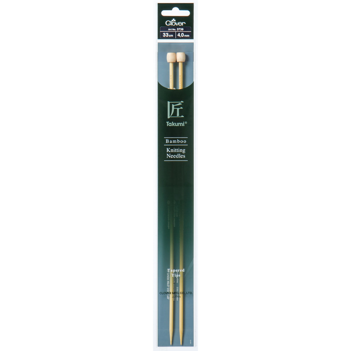 Pair of Clover Takumi bamboo knitting needles, 33cm x 4mm, in green packaging