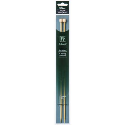 Pair of Clover Takumi bamboo knitting needles, 33cm x 4mm, in green packaging