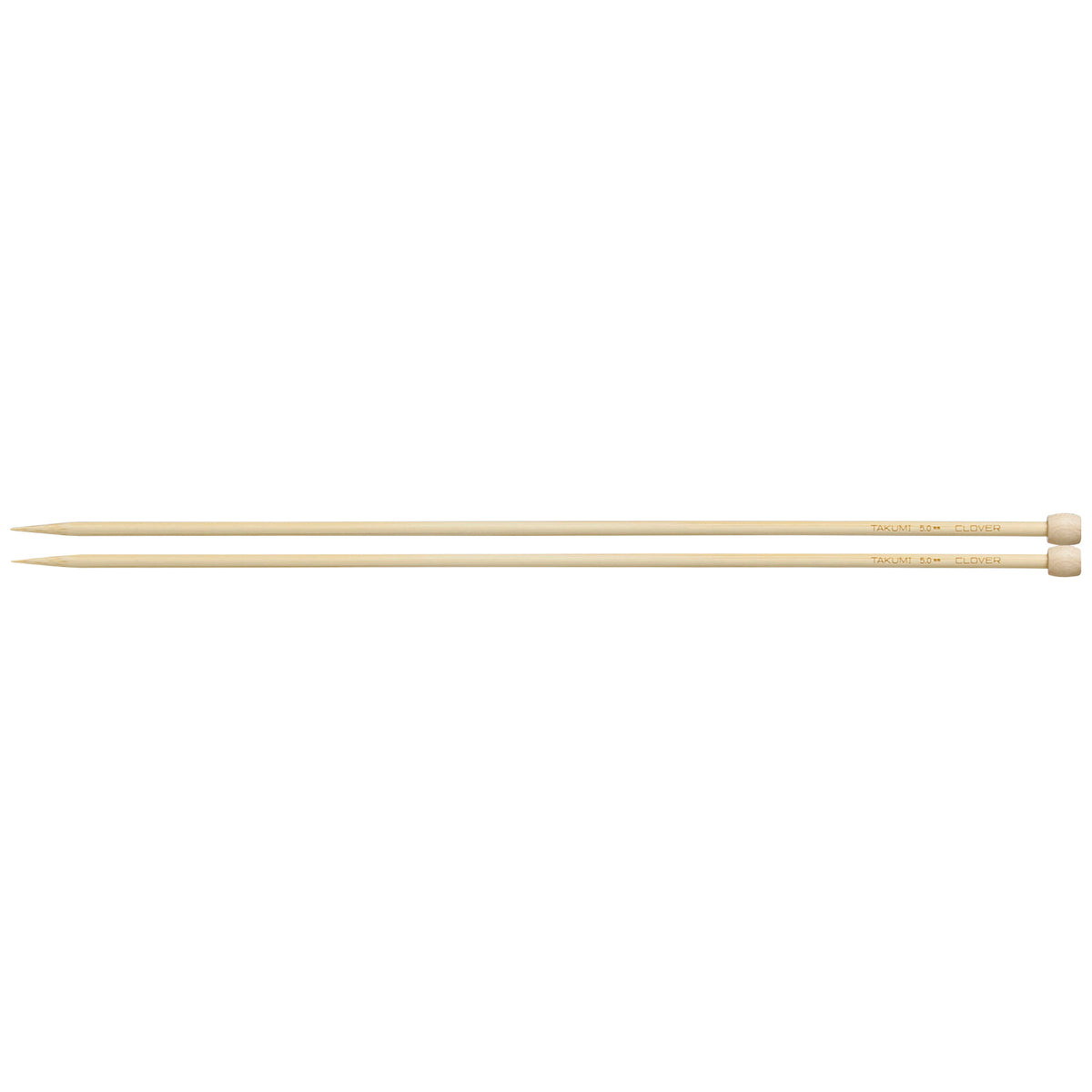 Pair of Clover Takumi bamboo knitting needles, 33cm x 5mm, in green packaging