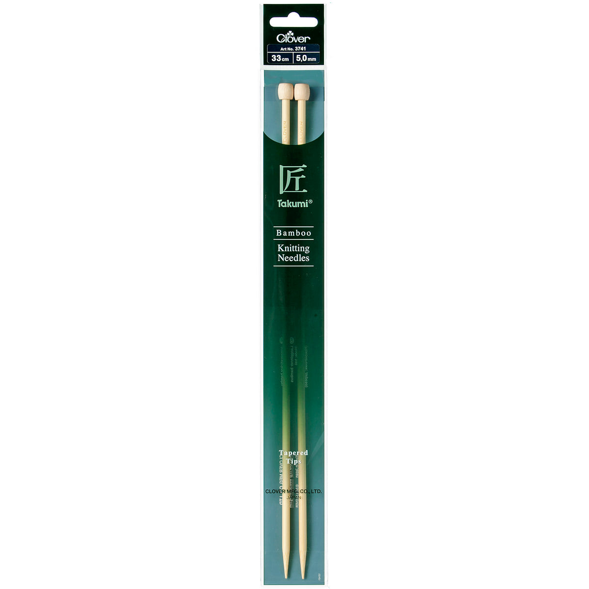 Pair of Clover Takumi bamboo knitting needles, 33cm x 5mm, in green packaging