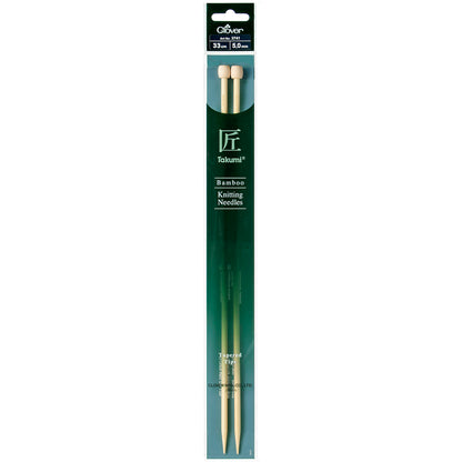 Pair of Clover Takumi bamboo knitting needles, 33cm x 5mm, in green packaging