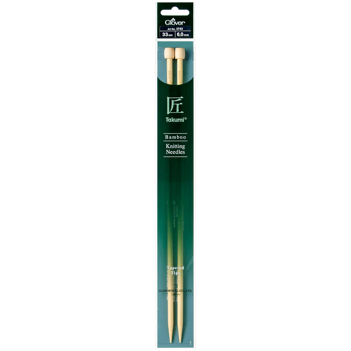 Pair of Clover Takumi bamboo knitting needles, 33cm x 6mm, in green packaging