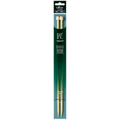 Pair of Clover Takumi bamboo knitting needles, 33cm x 6mm, in green packaging