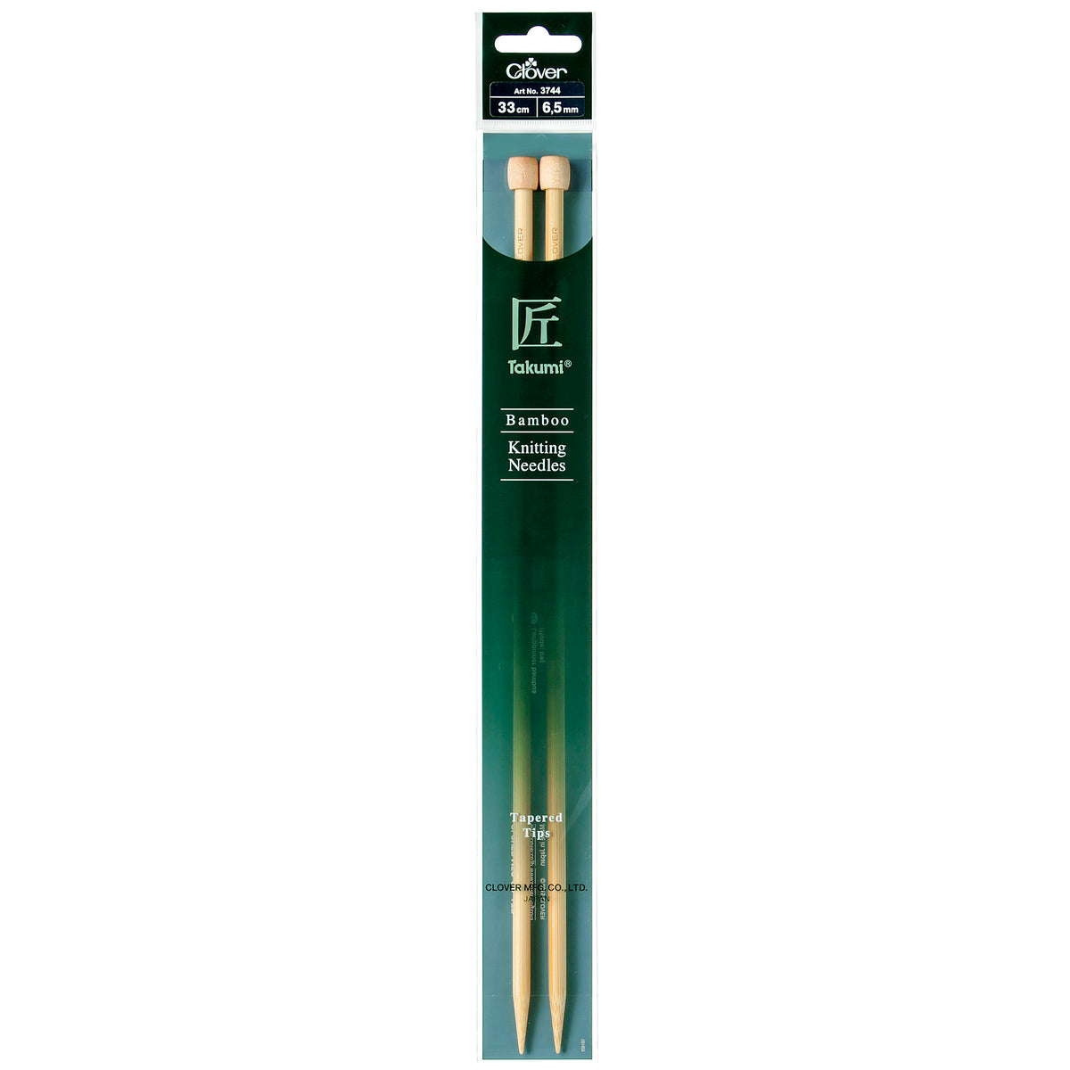 Pair of Clover Takumi bamboo knitting needles, 33cm x 6.5mm, in green packaging