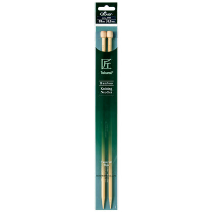 Pair of Clover Takumi bamboo knitting needles, 33cm x 6.5mm, in green packaging