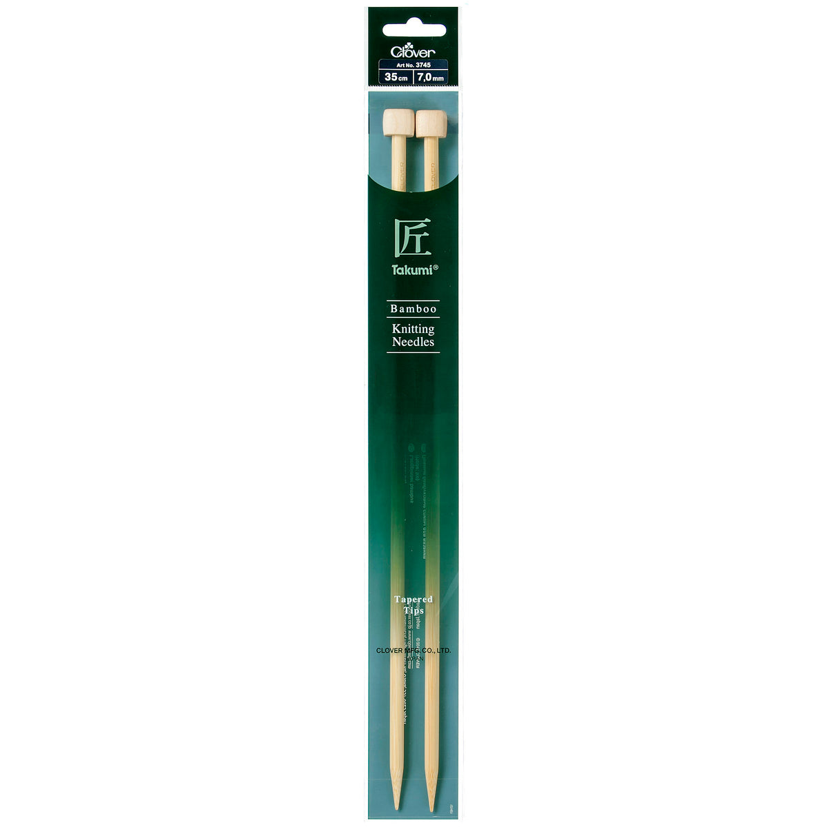 Pair of Clover Takumi bamboo knitting needles, 35cm x 7mm, in green packaging