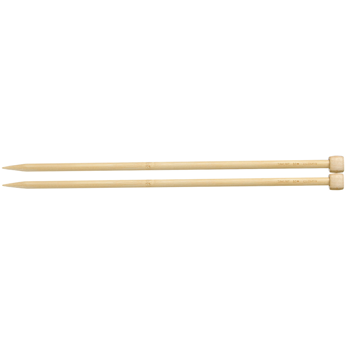 Pair of Clover Takumi bamboo knitting needles, 35cm x 9mm, in green packaging