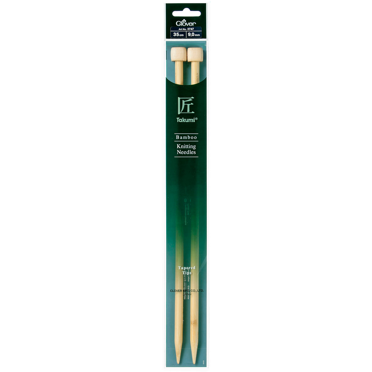 Pair of Clover Takumi bamboo knitting needles, 35cm x 9mm, in green packaging