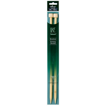 Pair of Clover Takumi bamboo knitting needles, 35cm x 9mm, in green packaging