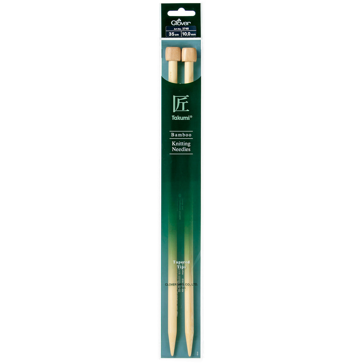 Pair of Clover Takumi bamboo knitting needles, 35cm x 10mm, in green packaging