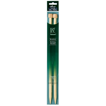 Pair of Clover Takumi bamboo knitting needles, 35cm x 10mm, in green packaging