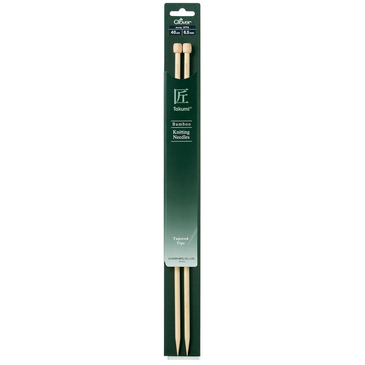 Pair of Clover Takumi bamboo single point knitting needles, 6.5mm