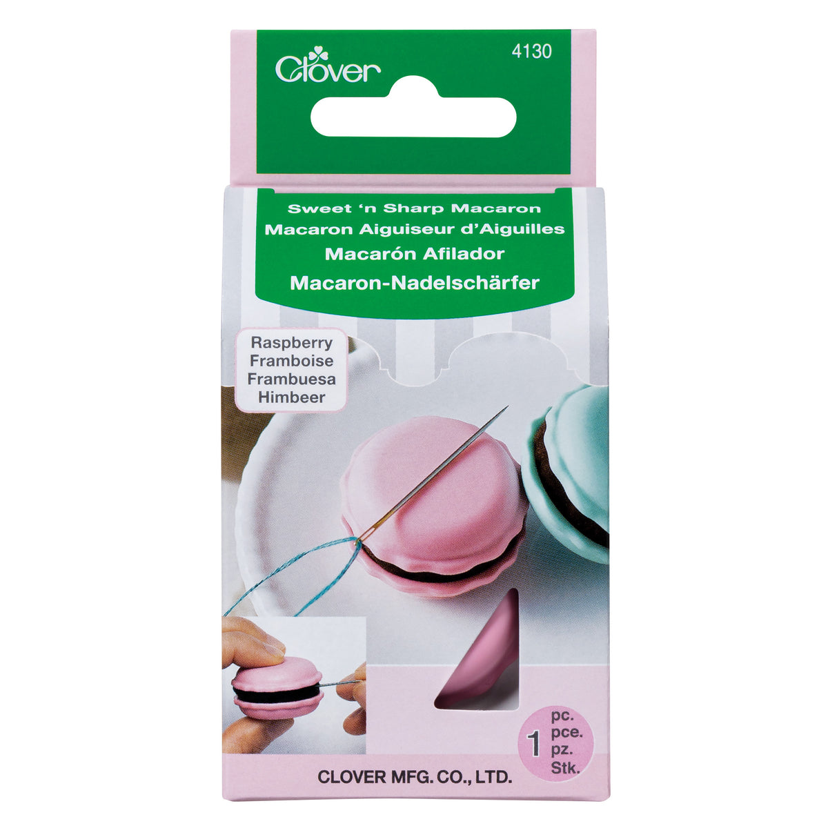 Raspberry coloured Clover macaron needle sharpener