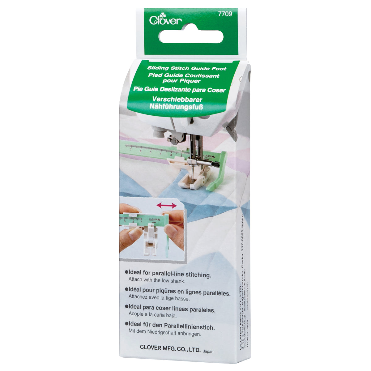 Clover sliding stitch guide presser foot with alignment ruler