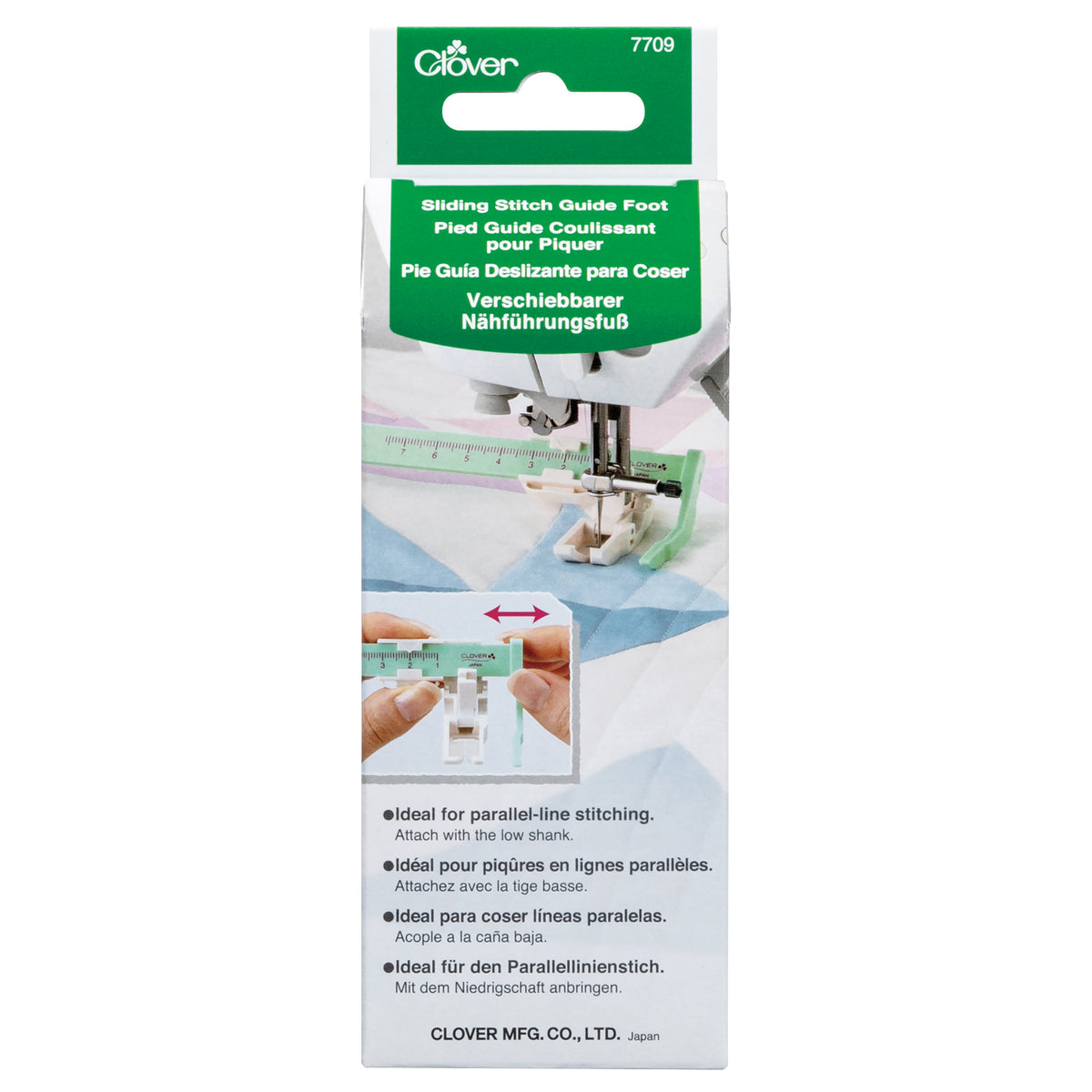 Clover sliding stitch guide presser foot with alignment ruler