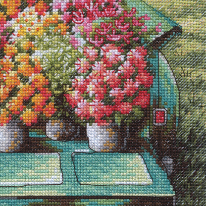 Flowers for Sale cross stitch kit showing a floral stitched design