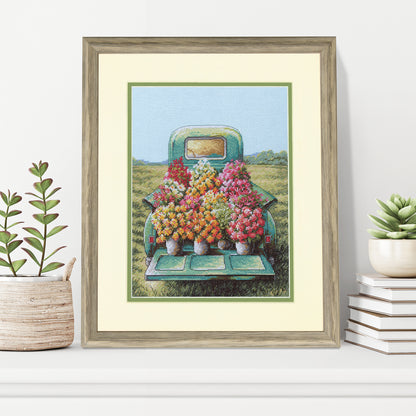 Flowers for Sale cross stitch kit showing a floral stitched design