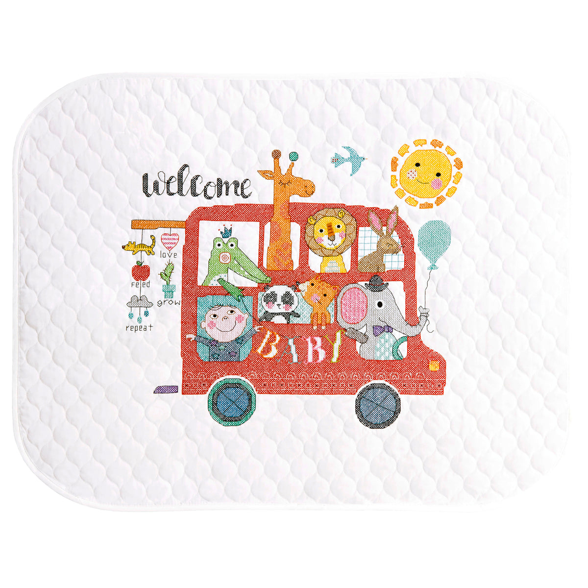 Baby on Board cross stitch baby quilt with stitched design