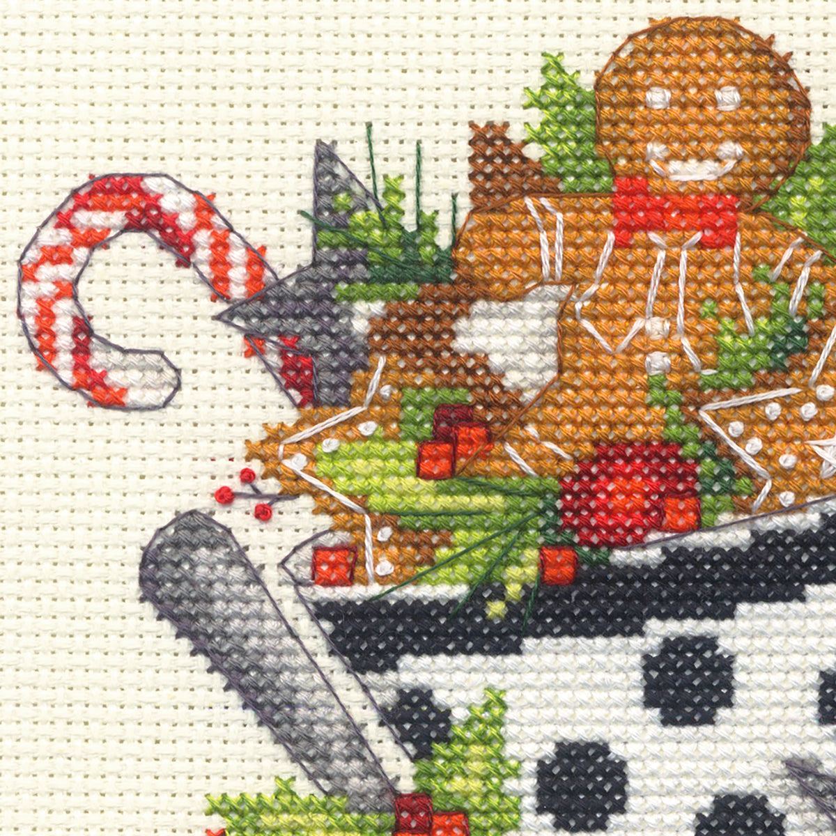 Christmas Tea cross stitch kit showing festive stitched design