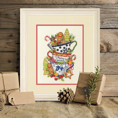 Christmas Tea cross stitch kit showing festive stitched design