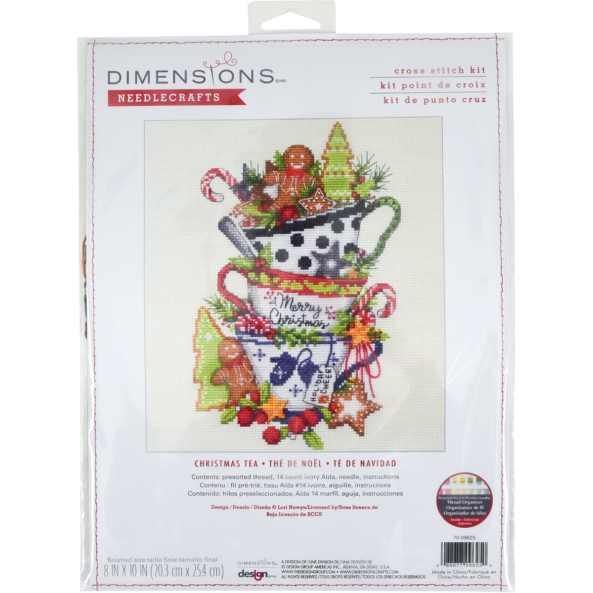 Christmas Tea cross stitch kit showing festive stitched design